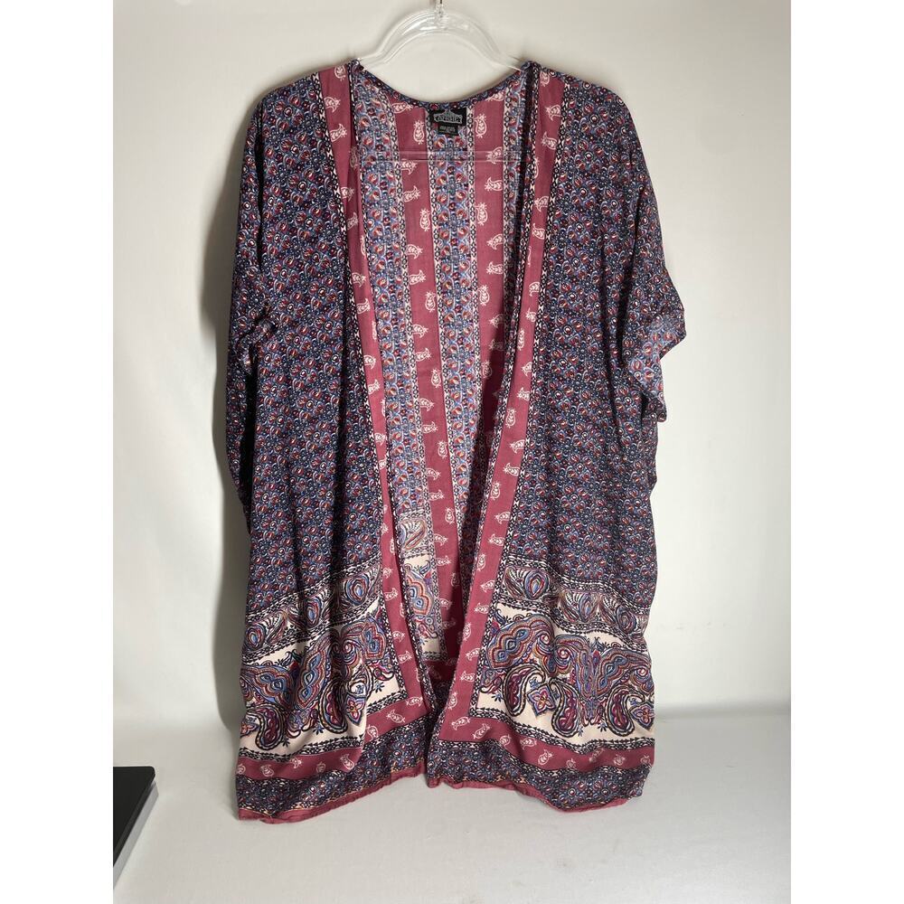 Angie Red Blue Floral Boho Oversized Loose Fit Kimono Cover Up Size Small Rayon